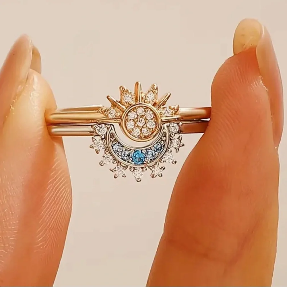 Cubic Zirconia Moon and Sun Ring, Sun and Moon Ring, Star Ring, Celestial Rings